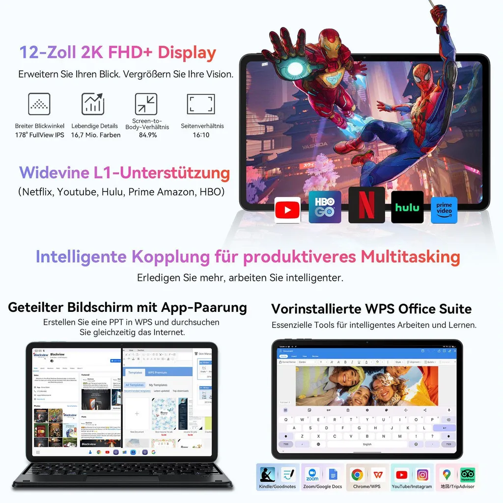 Blackview Mega2 Android 15 12'' 2K Display FHD Tablet, 36(12+24) GB + 256GB 2TB Expandable, 5G WiFi, Dual 4G, 9000mAh, incl. Stylus, Mouse, Keyboard, cable - Image 13