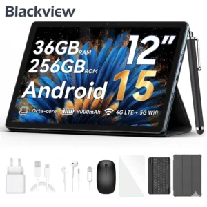 Blackview Mega2 Android 15 12'' 2K Display FHD Tablet, 36(12+24) GB + 256GB 2TB Expandable, 5G WiFi, Dual 4G, 9000mAh, incl. Stylus, Mouse, Keyboard, cable