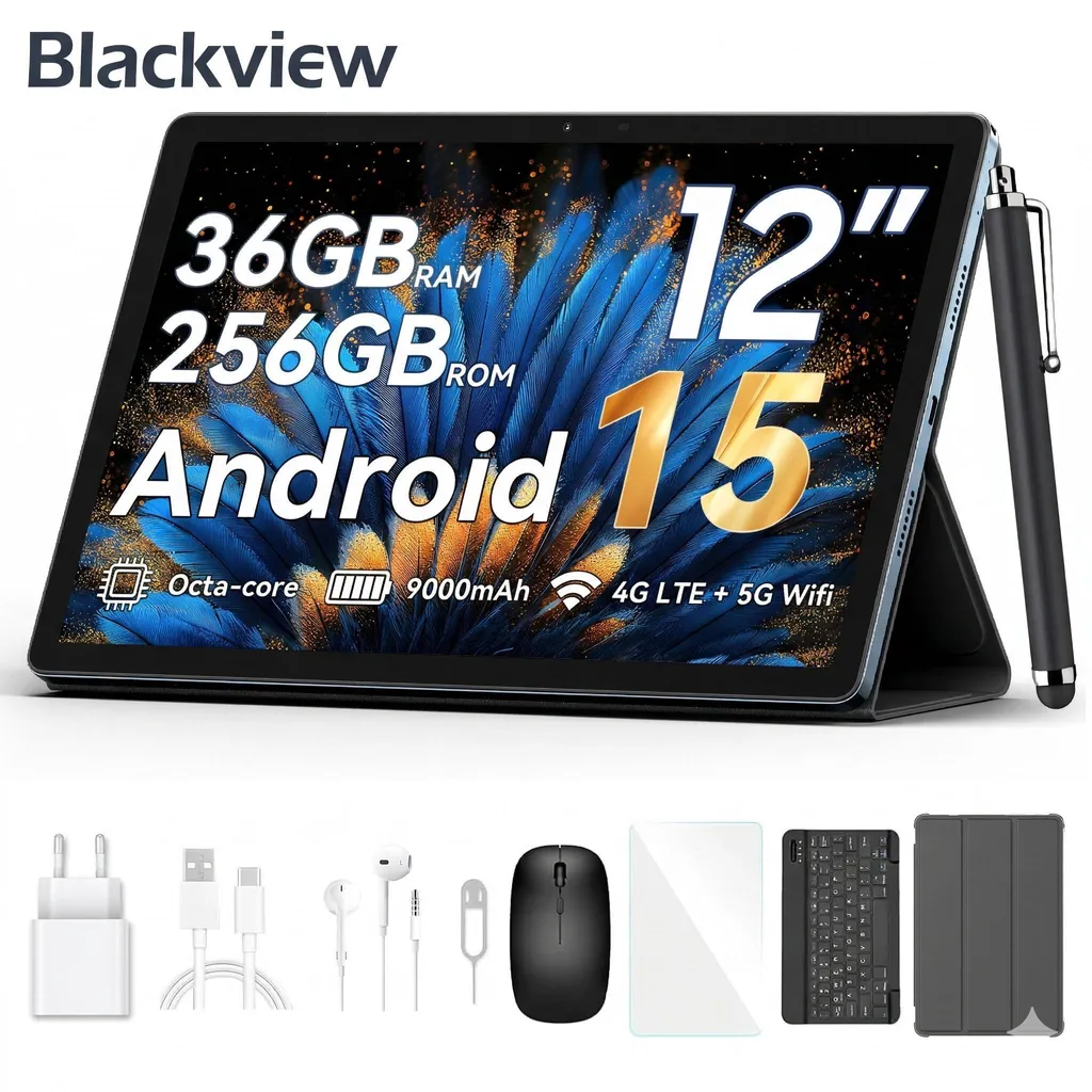 Blackview Mega2 Android 15 12'' 2K Display FHD Tablet, 36(12+24) GB + 256GB 2TB Expandable, 5G WiFi, Dual 4G, 9000mAh, incl. Stylus, Mouse, Keyboard, cable