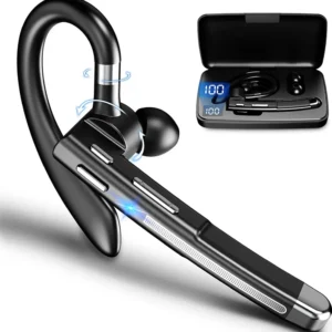 Bluetooth Headset with Microphone, In-Ear Hands-Free Headset, Wireless Headphones for Mobile Phones with LED Charging Case for Driving/Business/Office, IPX7 Waterproof (Black)