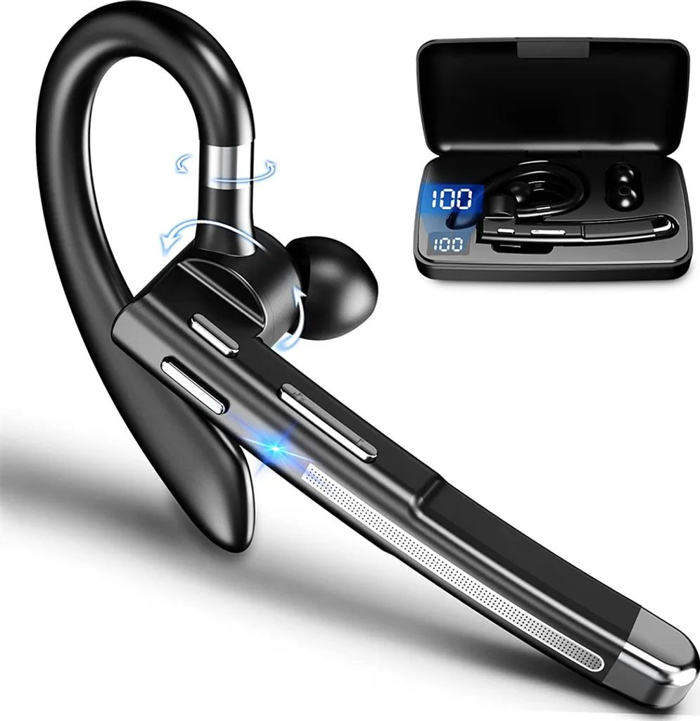 Bluetooth Headset with Microphone, In-Ear Hands-Free Headset, Wireless Headphones for Mobile Phones with LED Charging Case for Driving/Business/Office, IPX7 Waterproof (Black)