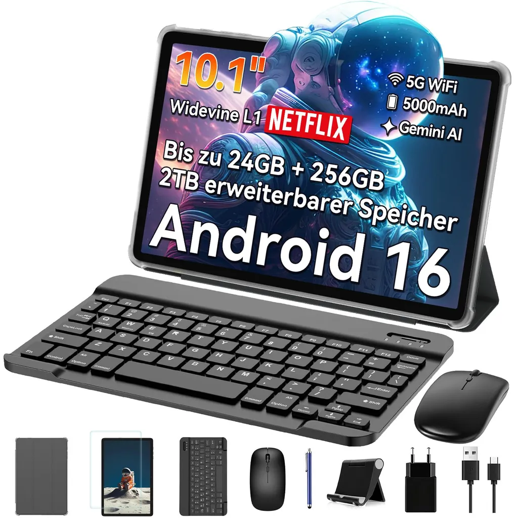 BESTTAB T20 10.1'' Android 16 Set Tablet, 24GB (8+16GB Expandable) RAM + 256GB ROM (2TB TF), with Case/Pen/Mouse/Keyboard, Widevine L1, 5G WiFi