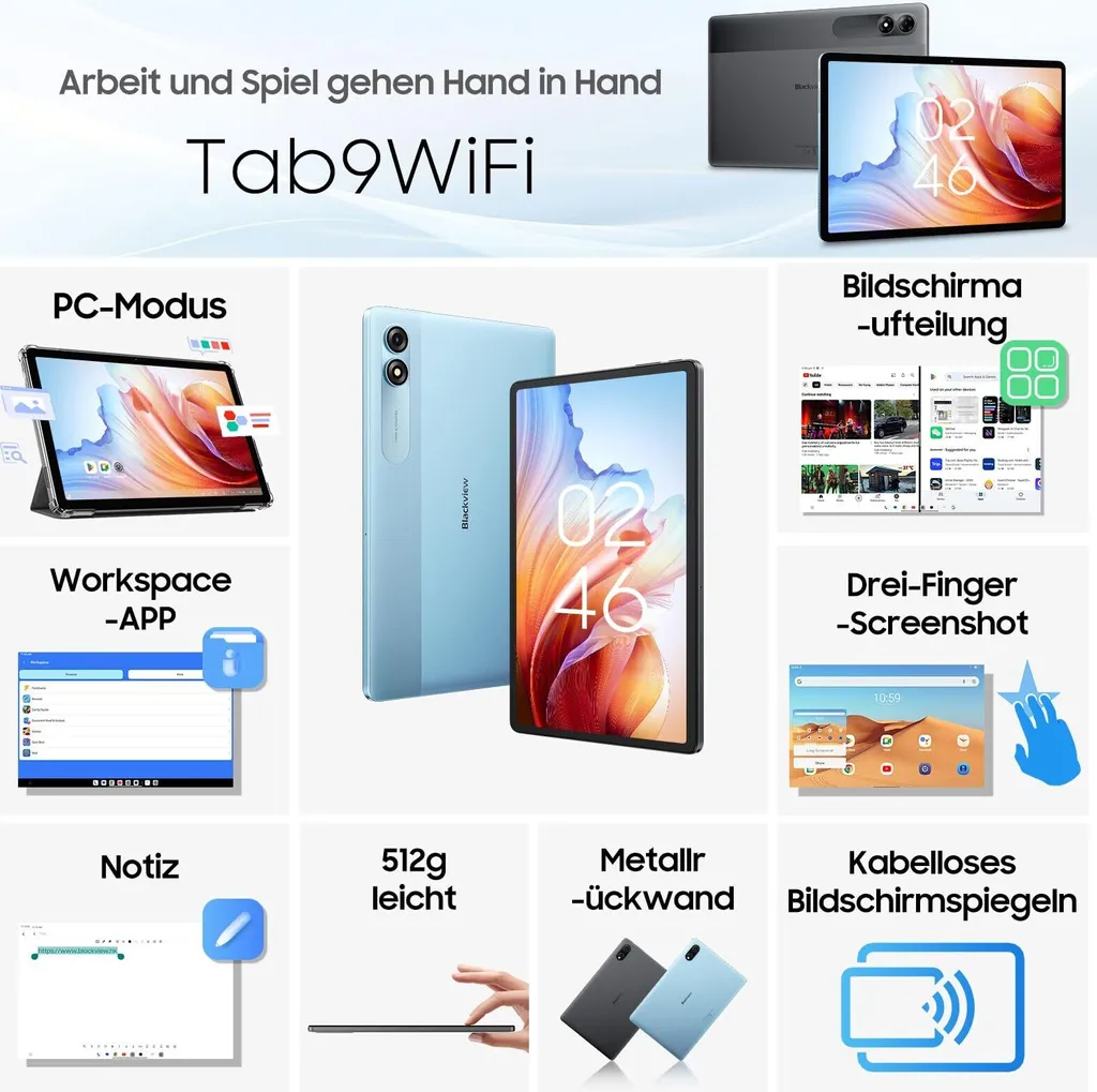 Blackview Tab9 WiFi Android 14 Tablet, FHD+ 11-inch display, 18GB + 256GB (2TB) Octa-Core T606 Widevine L1 Gaming Tablet, 13MP + 5MP, 8200mAh, AI camera - Image 2
