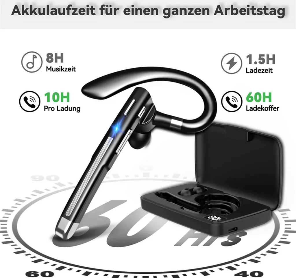 Bluetooth Headset with Microphone, In-Ear Hands-Free Headset, Wireless Headphones for Mobile Phones with LED Charging Case for Driving/Business/Office, IPX7 Waterproof (Black) - Image 4