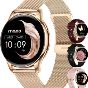 Maoo Ventura AMOLED Smartwatch for Women, Stainless Steel and 3x Silicone Straps, Pedometer, Heart Rate Monitor, Sleep Monitor, Multisport, Android & iOS, Rose Gold