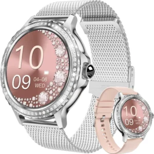 Women's Smartwatch, Smart Watch for iPhone and Android Phones, IP68 Waterproof, with Heart Rate/Sleep Monitoring, Fitness Tracker with Multiple Sports Modes, Silver
