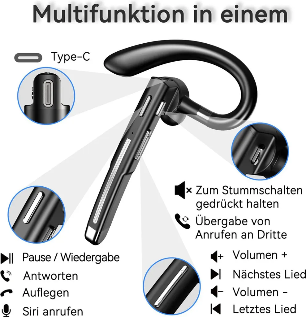Bluetooth Headset with Microphone, In-Ear Hands-Free Headset, Wireless Headphones for Mobile Phones with LED Charging Case for Driving/Business/Office, IPX7 Waterproof (Black) - Image 2